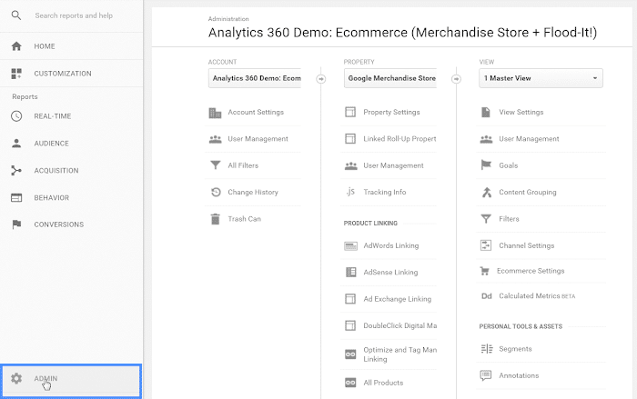 Admin Panel on Google Analytics