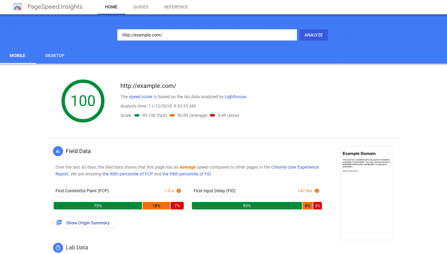 Google Pagespeed results