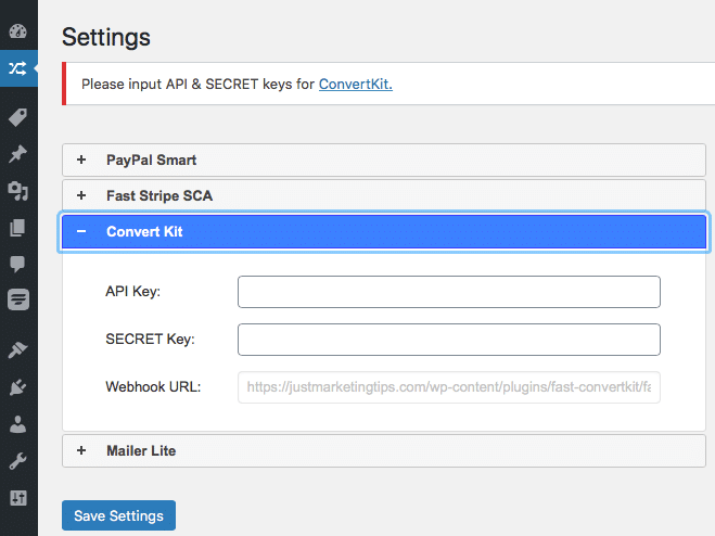 Save settings on the ConvertKit Plugin