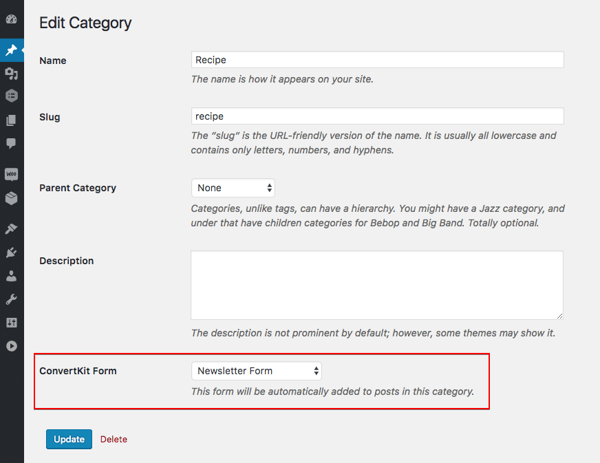 Showing Forms on different categories