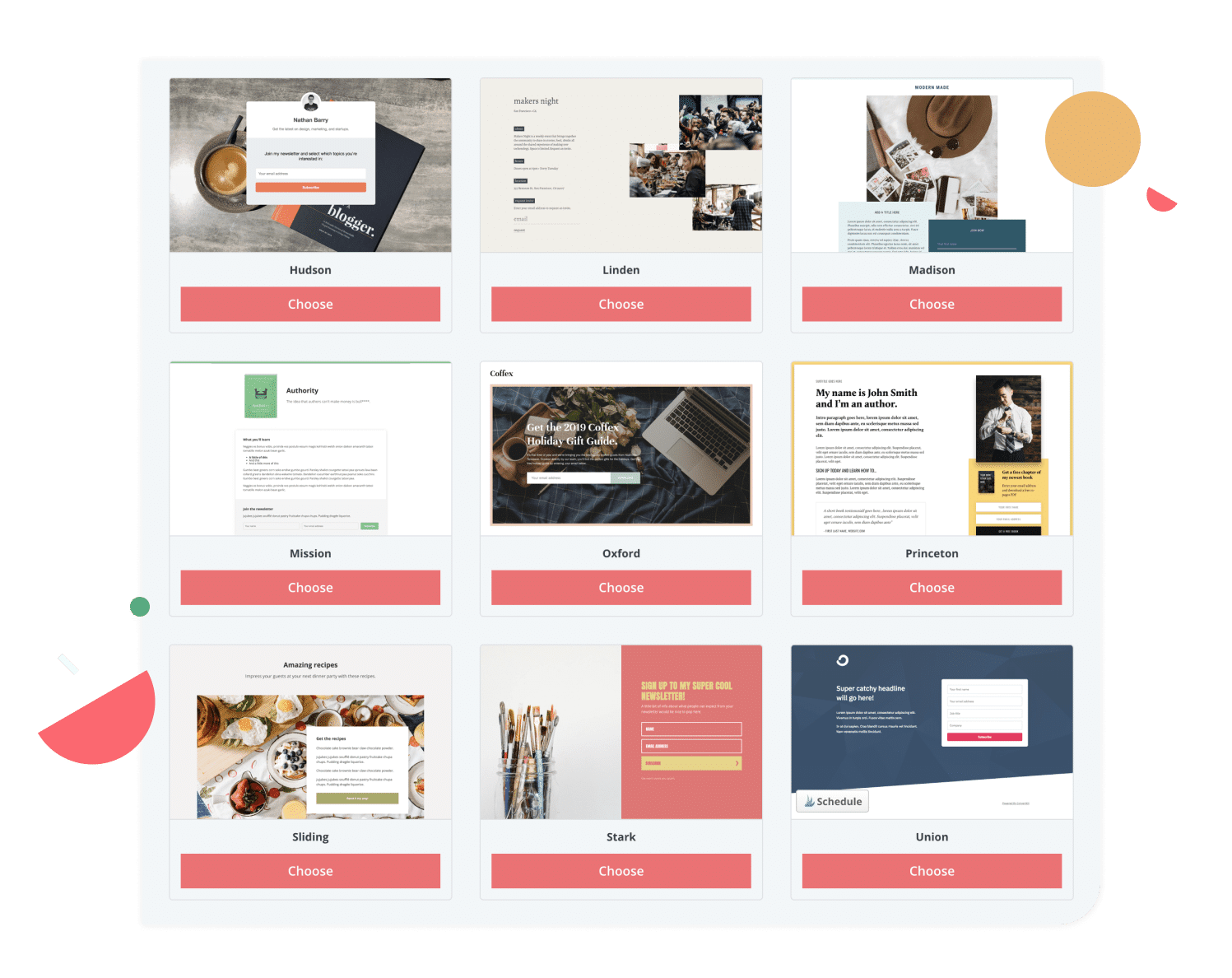 Templates for landing pages