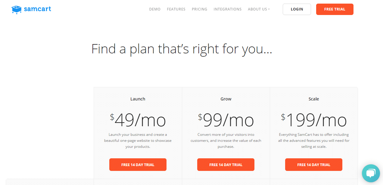 Pricing plans on the Samcart page