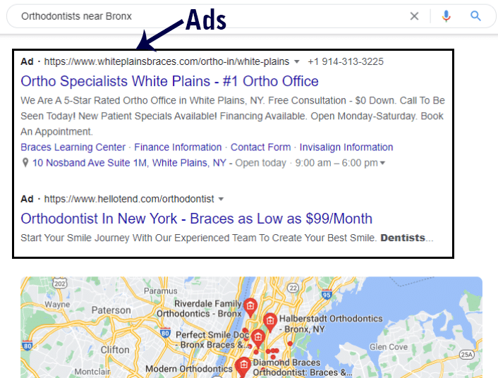 local seo snack pack below ads