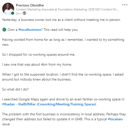 precious oboidhe linkedIn post on local seo